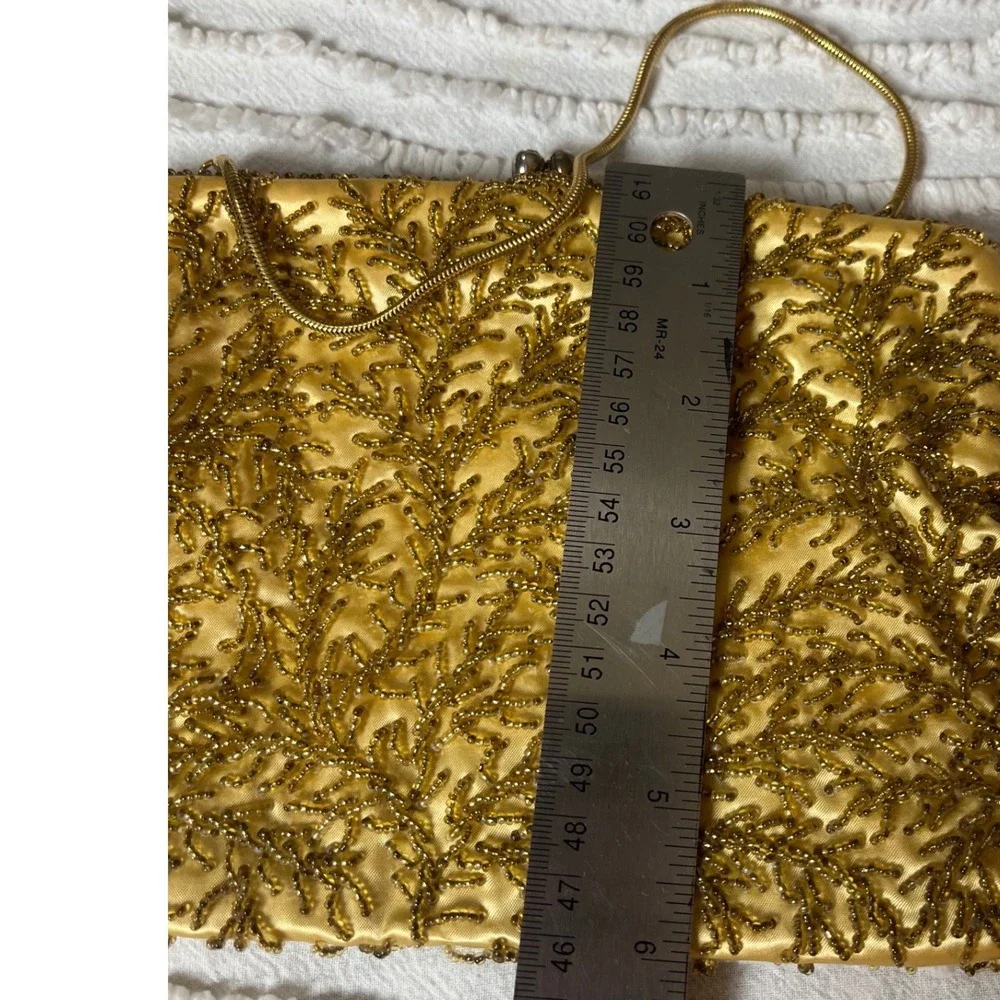 Vintage Gold‎ Hand Beaded Satin Evening Bag Kiss Lock Clutch Hong Kong Made